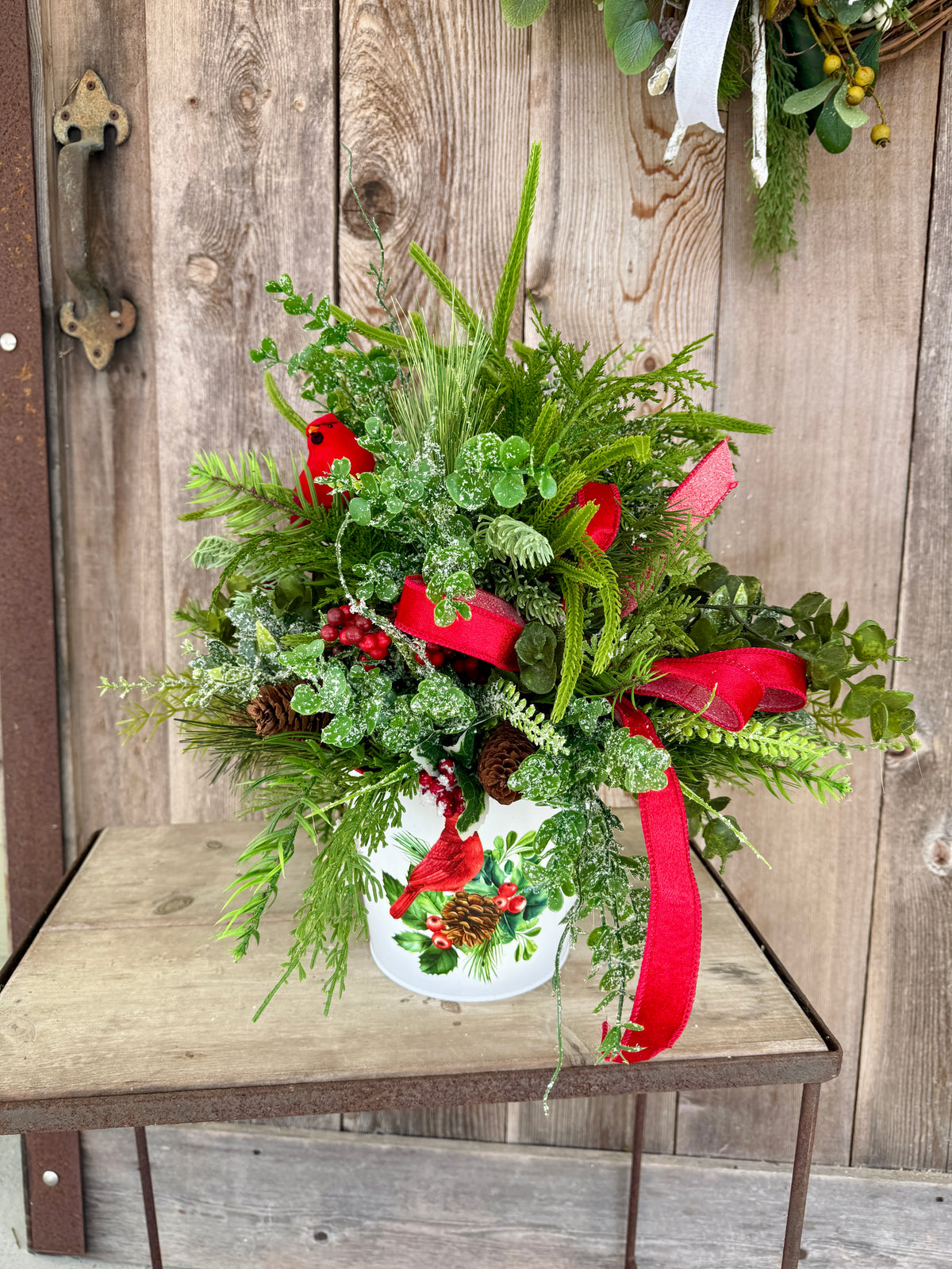 Winter Cardinal grapevine wreath and arrangement
