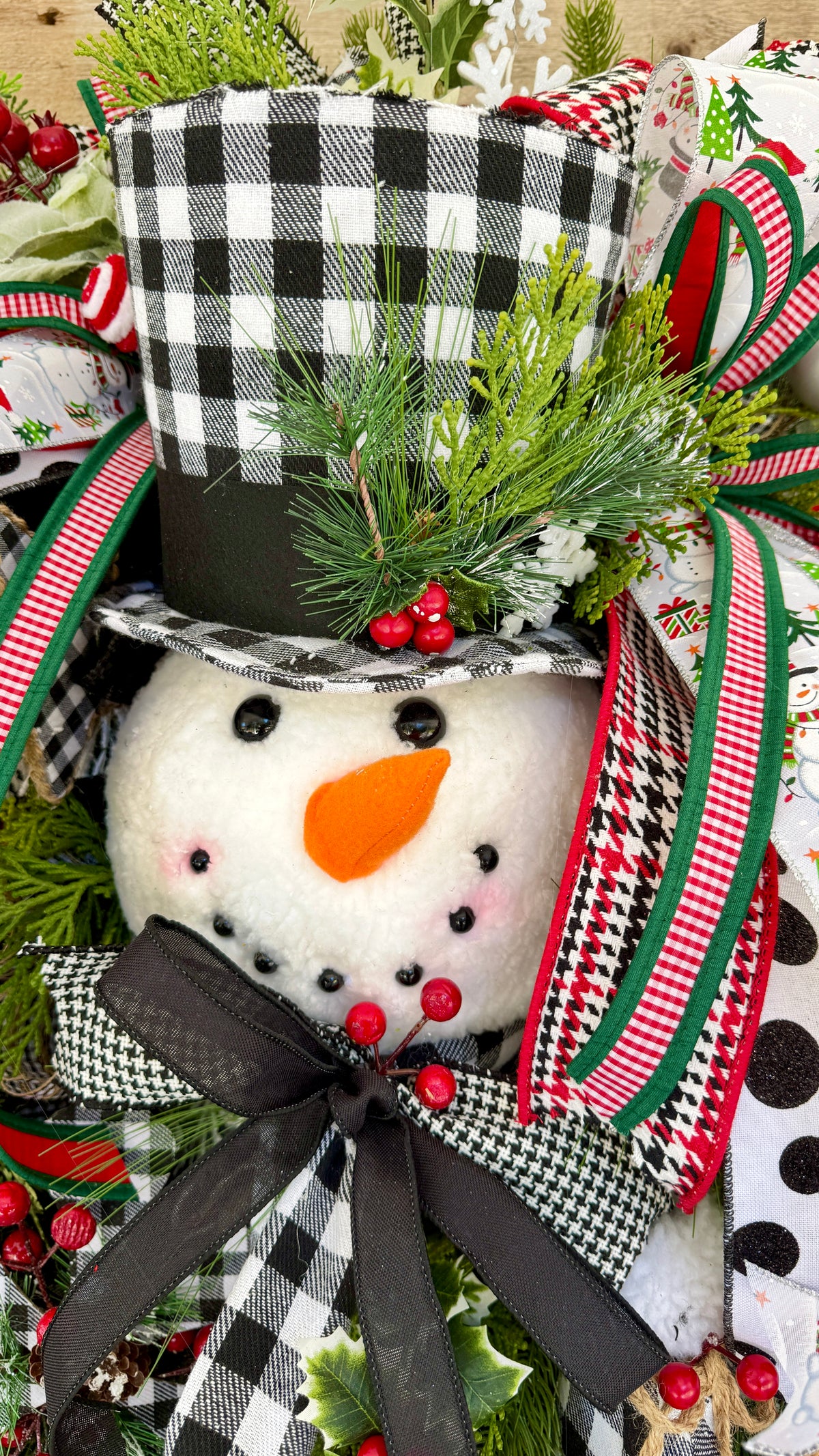 Whimsical Snowman Christmas Wreath | Black & White Buffalo Check Holiday Door Decor