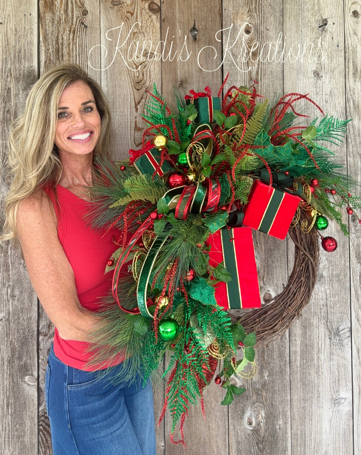 Luxury Christmas Grapevine Wreath – Red, Green & Gold Holiday Door Decor