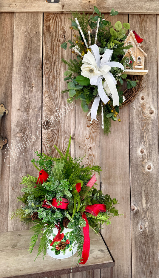Winter Cardinal grapevine wreath and arrangement