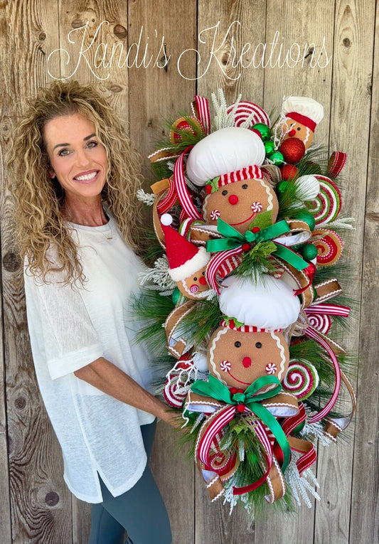 Gingerbread Christmas Swag | Whimsical Christmas Door Decor | Peppermint Candy Holiday Swag | Gingerbread Baker Decoration