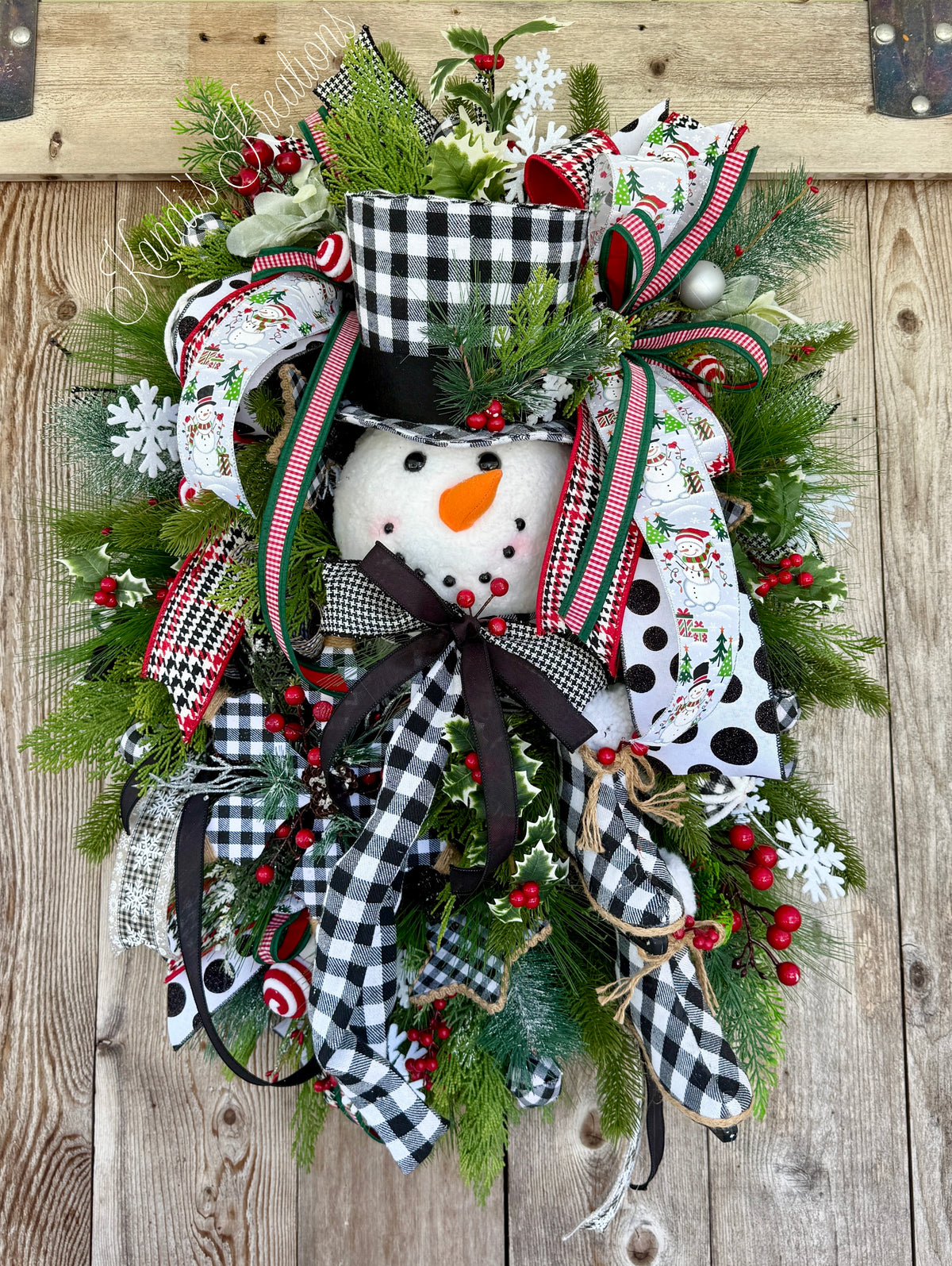 Whimsical Snowman Christmas Wreath | Black & White Buffalo Check Holiday Door Decor