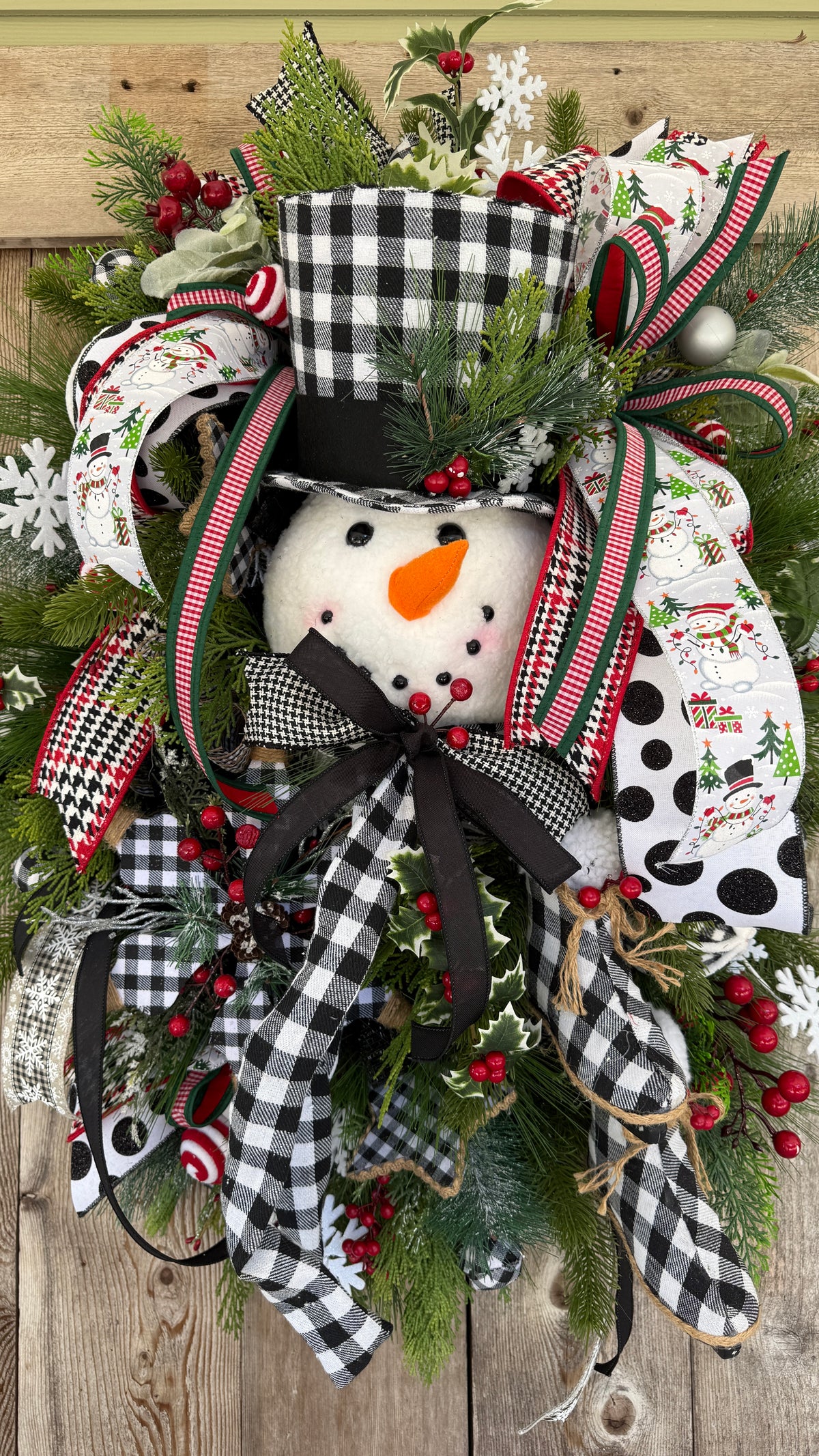 Whimsical Snowman Christmas Wreath | Black & White Buffalo Check Holiday Door Decor