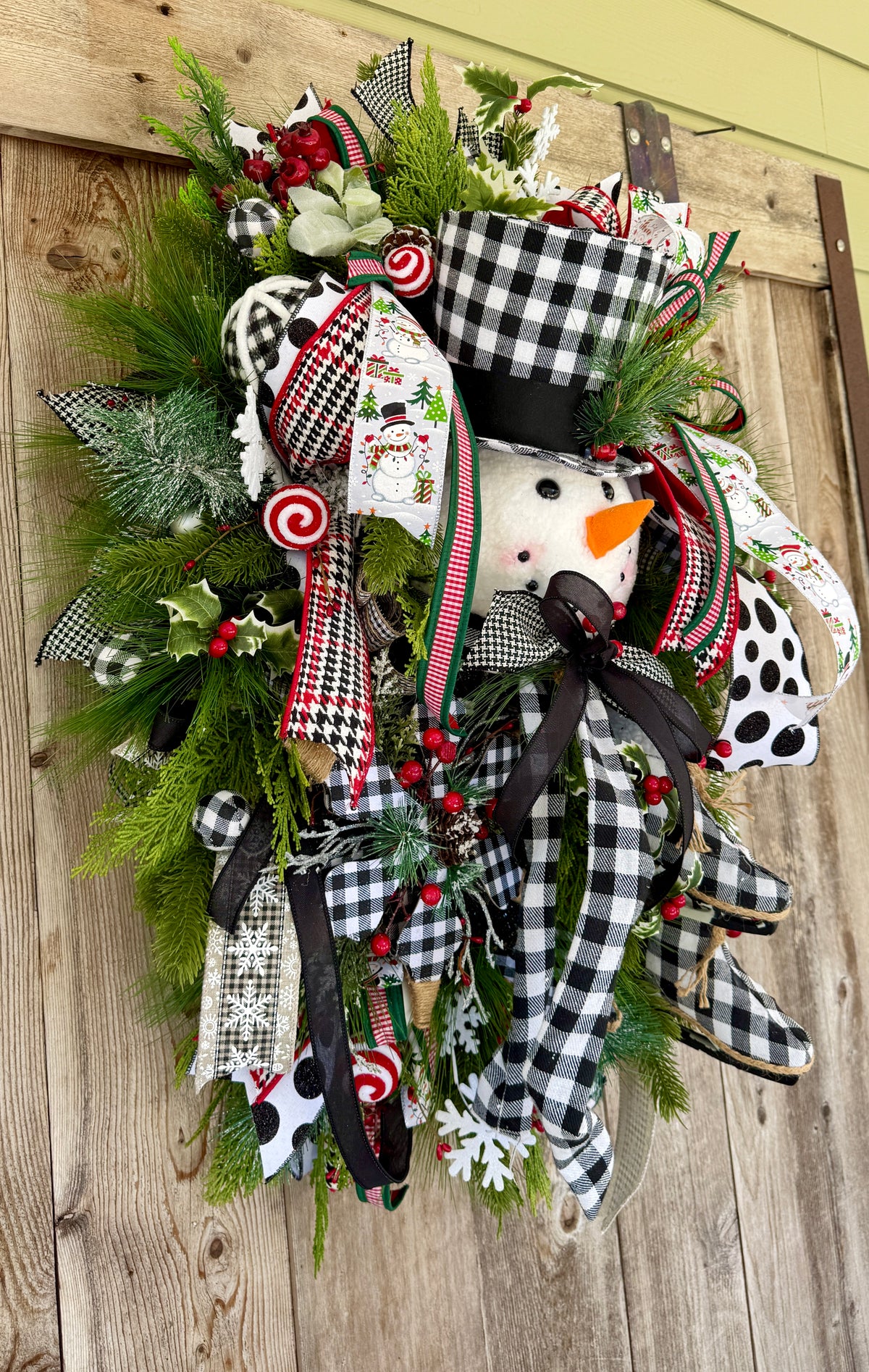 Whimsical Snowman Christmas Wreath | Black & White Buffalo Check Holiday Door Decor