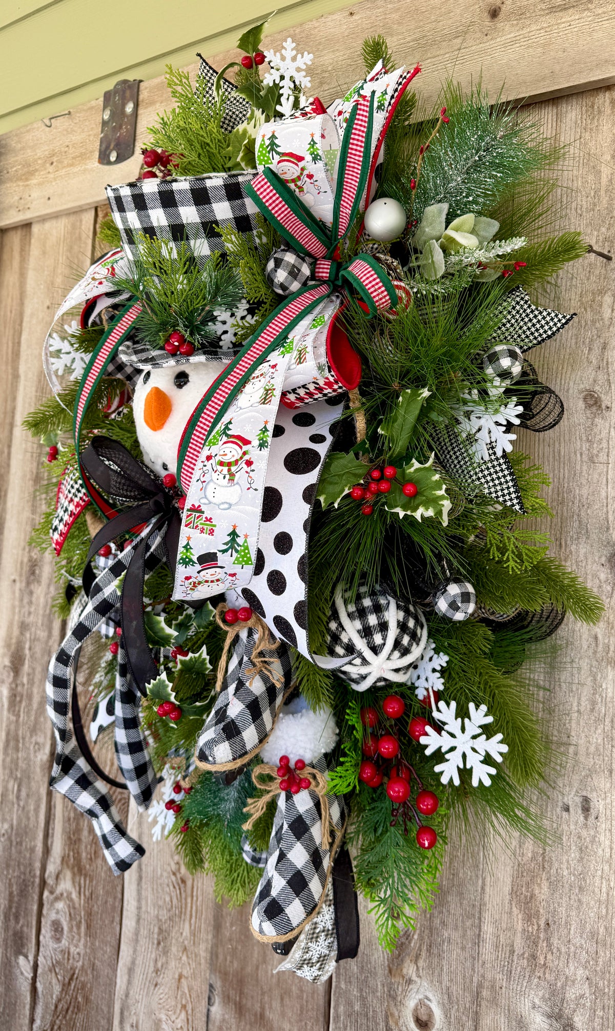 Whimsical Snowman Christmas Wreath | Black & White Buffalo Check Holiday Door Decor