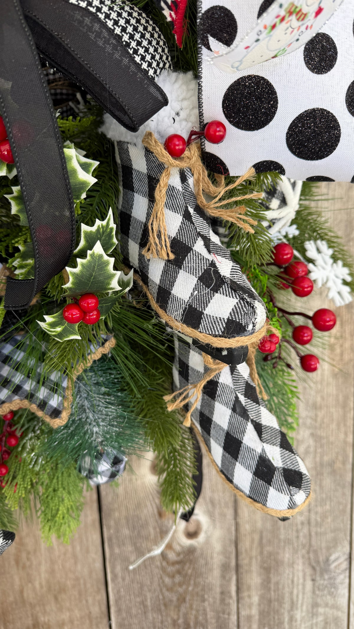 Whimsical Snowman Christmas Wreath | Black & White Buffalo Check Holiday Door Decor